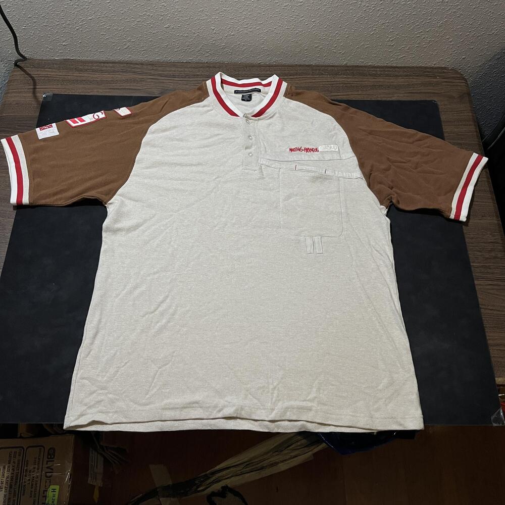Vintage Marithe Francois Girbaud Shirt Mens XL Brown Henley Pocket 90s Y2K